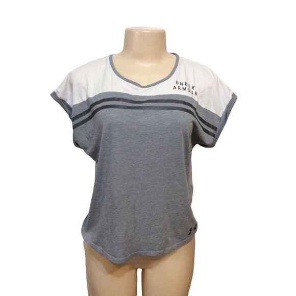 𝅺UNDER Armour Short Sleeve Top Xsmall(Women’s) White Grey Cotton - Picture 1 of 3